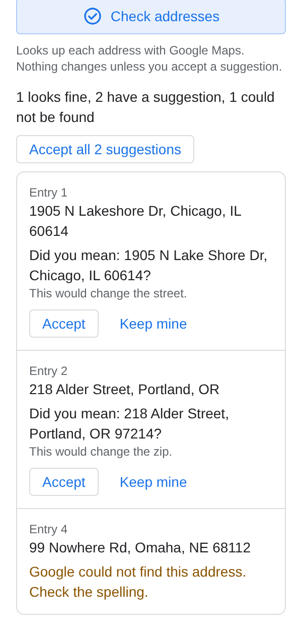 Address check results: two suggested fixes from Google Maps and one address that could not be found.