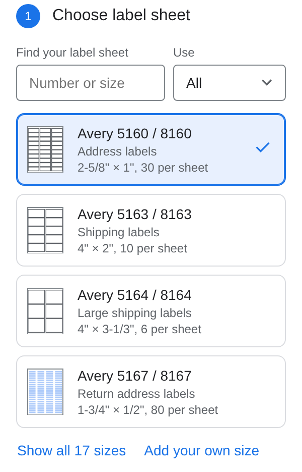 Label Maker's list of label sheets, with Avery 5160 address labels selected.