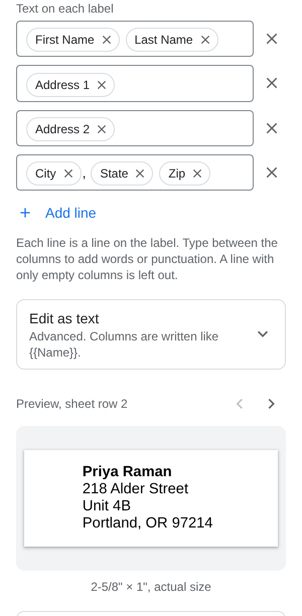 Columns arranged into label lines, with a preview of one address label.
